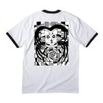 Checkered Chesh {T.B.N.}, a White/ Jet Black Cotton Ringer Tee (back-view)