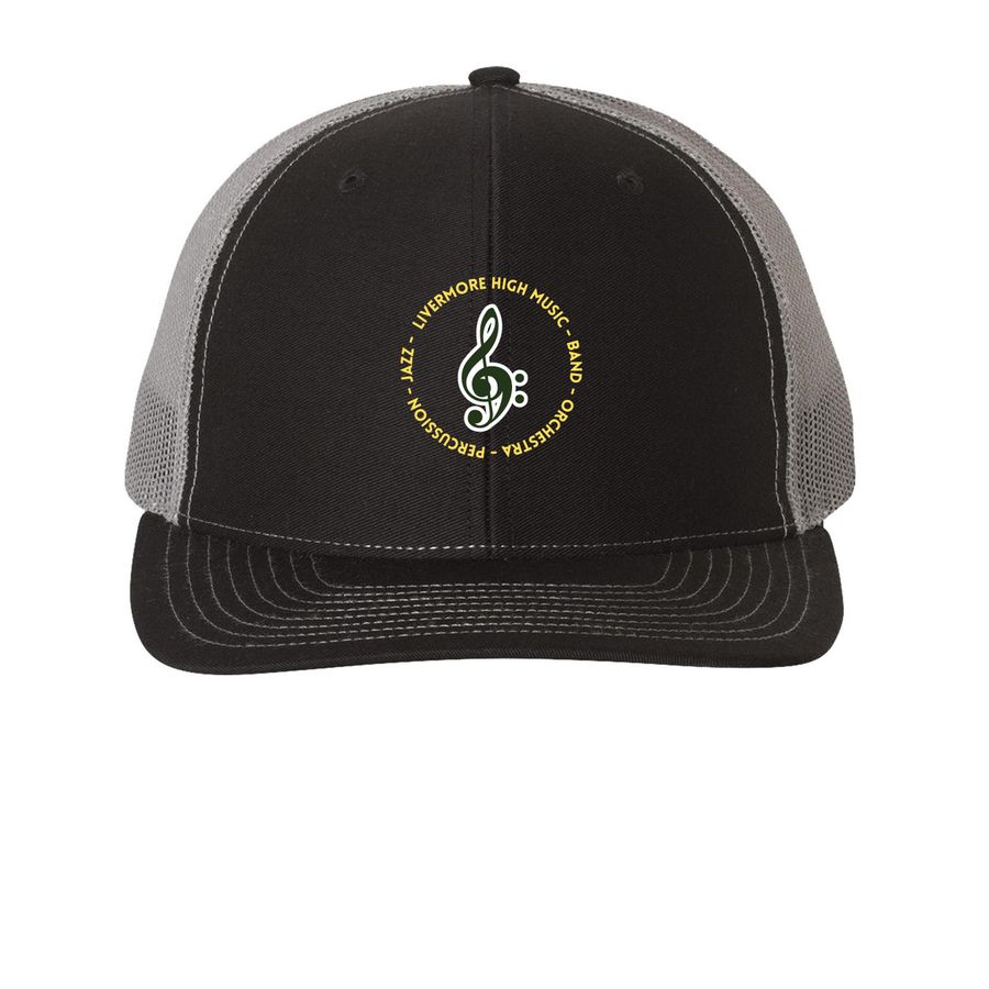 Clef Trucker Hat, a Black/ Charcoal Printed Snapback Trucker Cap