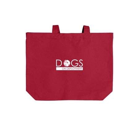 Dogs on Deployment Totes (White Logo), a Deep Red Cotton Canvas Tote Bag (back-view)