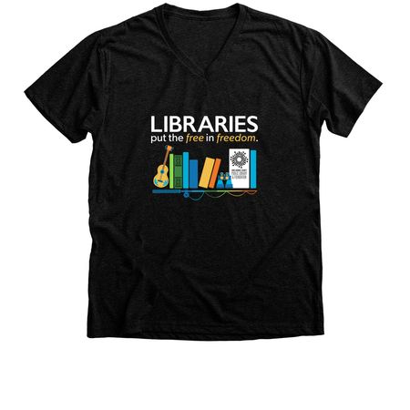Libraries Put the Free in Freedom Apparel, a Black Heather Premium V-Neck Tee
