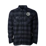 TBYI&nbsp; Lets Rock!, a Charcoal Heather/ Black Unisex Flannel Shirt (back-view)
