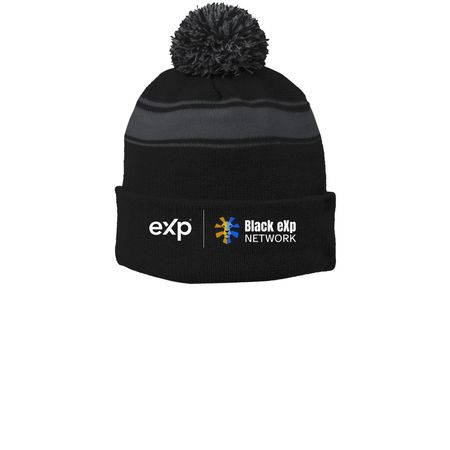 B.E.N. Winter Beanie, a Black/ Iron Grey Printed Stripe Pom-Pom Beanie