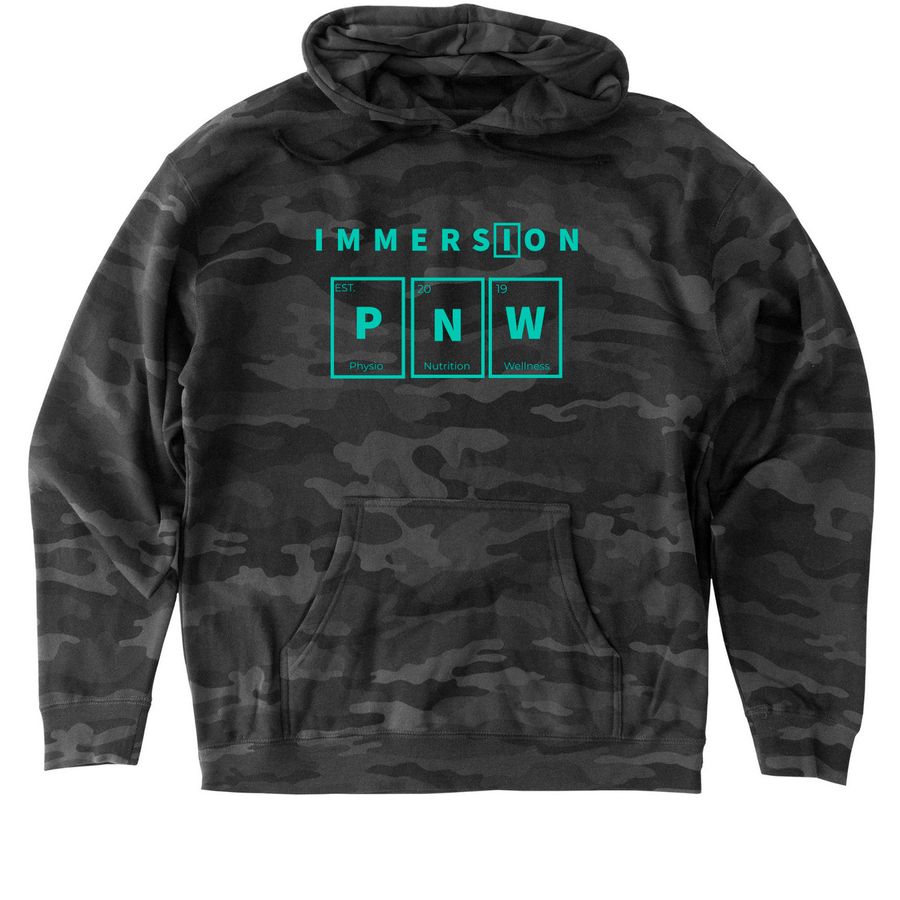 Teal Logo Immersion PNW Gear, a Black Camo Heavyweight Camo Pullover Hoodie