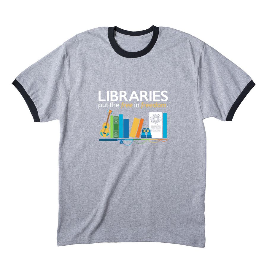 Libraries Put the Free in Freedom Apparel, a Athletic Heather/ Jet Black Cotton Ringer Tee
