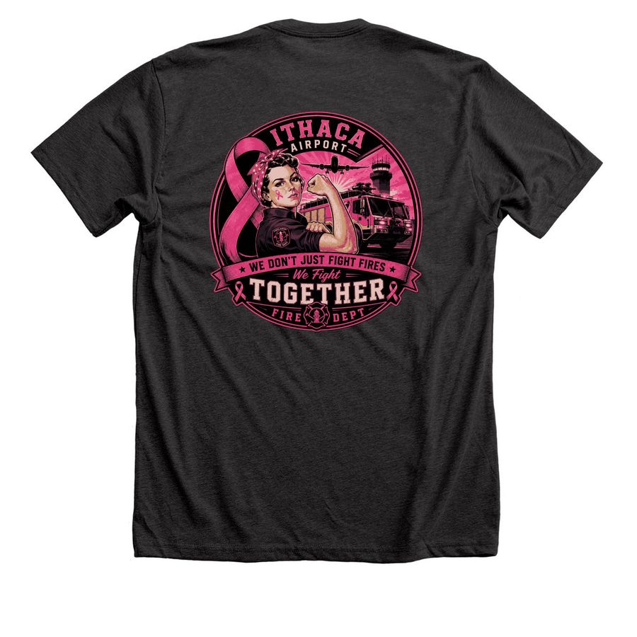 Ithaca Airport Fire Takes On Breast Cancer, a Dark Grey Heather Premium Unisex Tee (back-view)