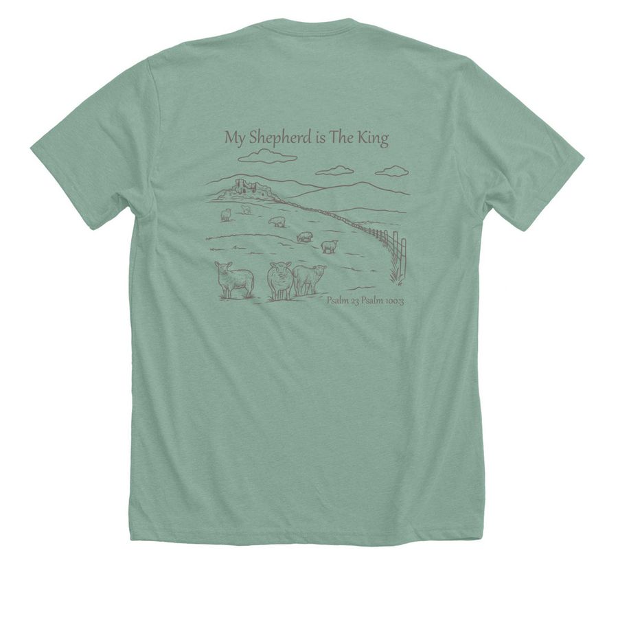 My Shepherd is The King, a Heather Dusty Blue Premium Unisex Tee (back-view)