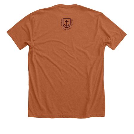 "Volunteer" T-shirt Maroon Font, a Heather Autumn Premium Unisex Tee (back-view)