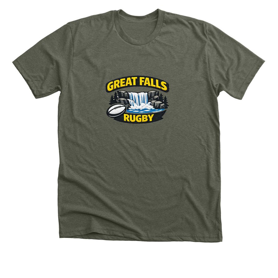 Great FALLS Rugby Gear, a Heather Military Green Premium Unisex Tee
