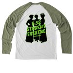 Radium Girls Final Merch, a Olive You Green/ Bright White Allmade Eco Triblend Colorblock Raglan Long Sleeve Tee (back-view)