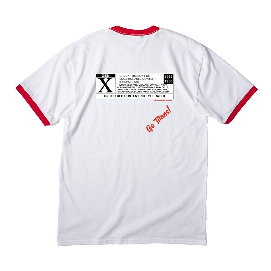 Woodham GenX, a White/ Red Cotton Ringer Tee (back-view)