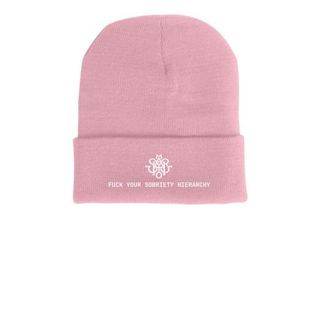 FUCK YOUR SOBRIETY HIERARCHY., a Pink Printed Cuffed Beanie