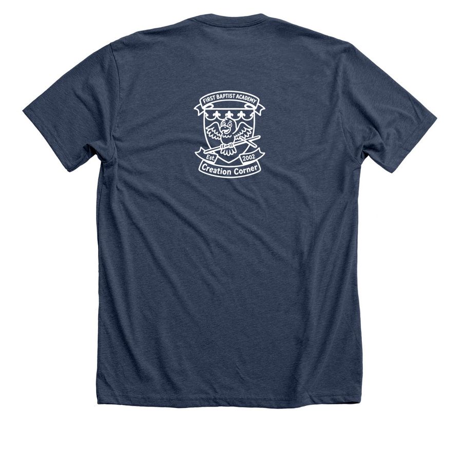 FBA's Creation Corner Logo Shirt, a Heather Navy Premium Unisex Tee (back-view)
