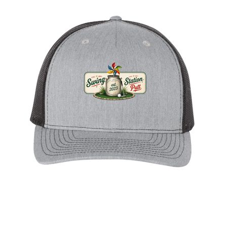 Hats, Design 2, a Heather Grey/ Black Printed Five-Panel Trucker Cap