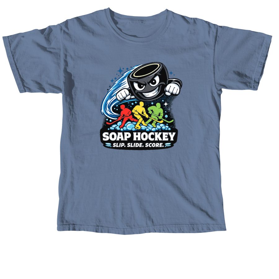 Retro Big Boy Soap Hockey Logo, a Blue Jean Comfort Colors Unisex Tee