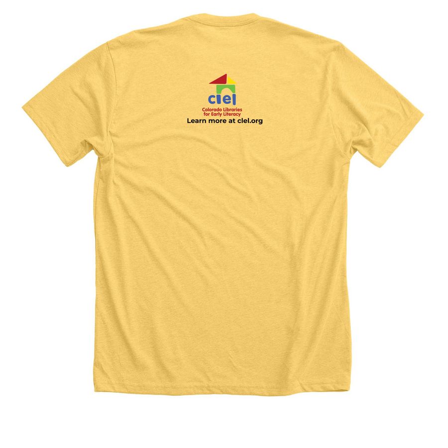 All are Welcome At the Library, a Heather Yellow Gold Premium Unisex Tee (back-view)