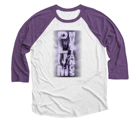 Plum Mustangs | Run Free, a Purple Rush and Heather White 3/4 Sleeve Baseball Tee