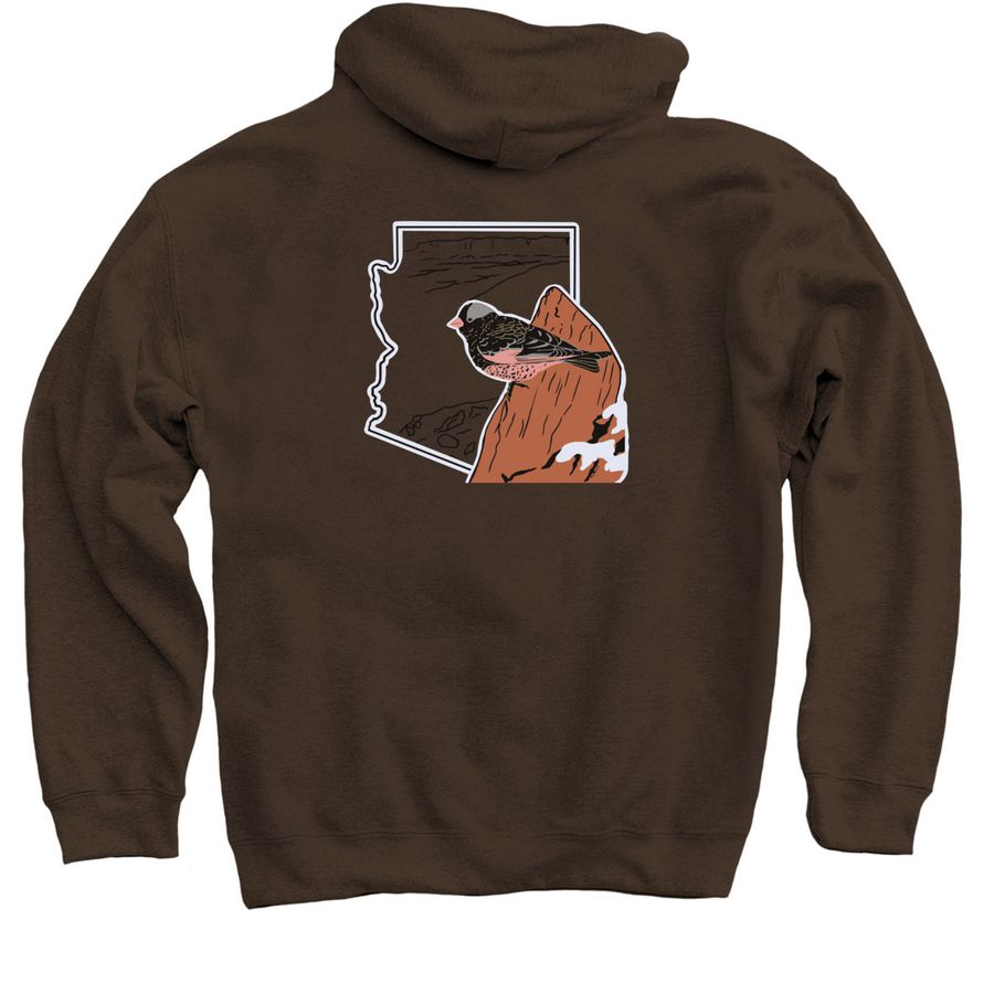 Black Rosy-Finch, a Dark Chocolate Pullover Hoodie (back-view)