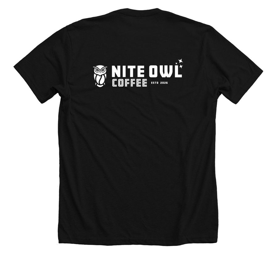 Nite Owl Coffee Founder's T-Shirt, a Solid Black Blend Premium Unisex Tee (back-view)