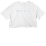 FIRST-FOREVER-FIFTY, a White Women?s Cropped Cotton Tee (back-view)