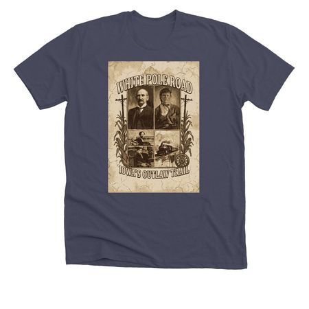 The White Pole Road, Iowa's Outlaw Trail, a Heather Midnight Navy Premium Unisex Tee