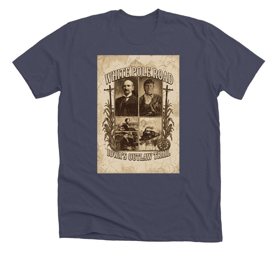 The White Pole Road, Iowa's Outlaw Trail, a Heather Midnight Navy Premium Unisex Tee