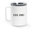 VMS Travel Mug, a White Stainless Steel Travel Mug (back-view)