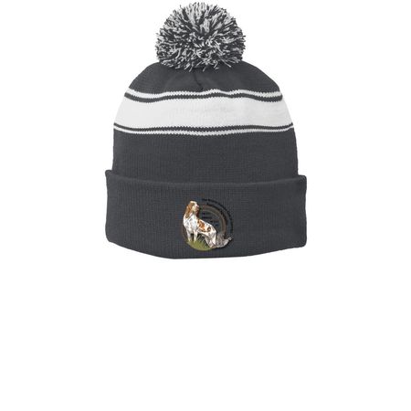 Winter Hats & Beanies, a Iron Grey/ White Printed Stripe Pom-Pom Beanie