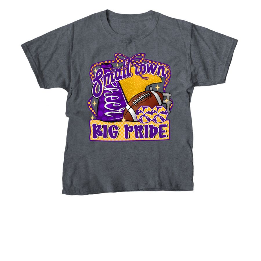 Small Town. Big Pride. Cheer., a Dark Heather Youth Unisex Tee