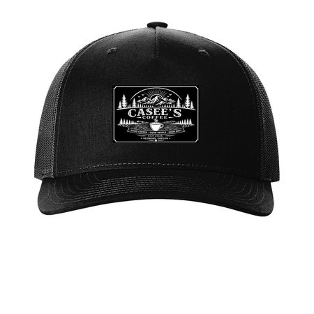 Casee?s Coffee Oregon Hat, a Black Printed Five-Panel Trucker Cap
