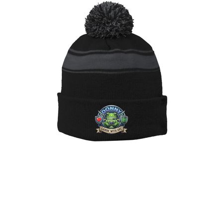 Gamin' With Donny Hat, a Black/ Iron Grey Printed Stripe Pom-Pom Beanie