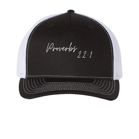 LDP Spouses 2026 - Proverbs 22:1 Hat, a Black/ White Printed Five-Panel Trucker Cap