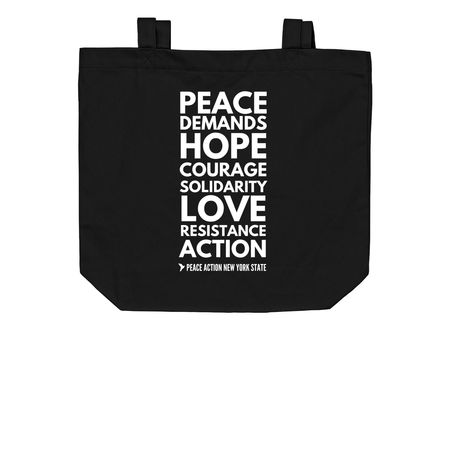PEACE DEMANDS ACTION Tote, a Black Organic Cotton Tote Bag