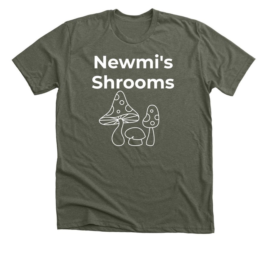 Newmi's Shrooms Team Shirt, a Heather Military Green Premium Unisex Tee