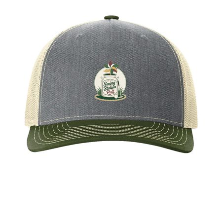 SSP Hats, a Heather Grey/ Birch/ Army Olive Printed Five-Panel Trucker Cap