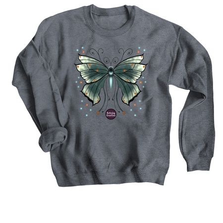 Whimsy Butterfly Wearables, a Dark Heather Crewneck Sweatshirt