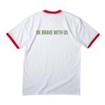 "BE BRAVE WITH US" Apparel, a White/ Red Cotton Ringer Tee (back-view)