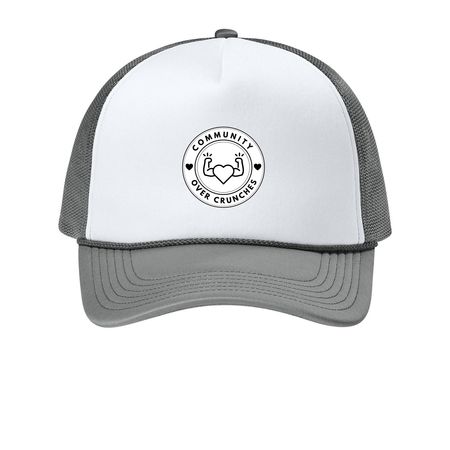 Community Over Crunches, a White/ Deep Smoke Printed Foam Trucker Hat