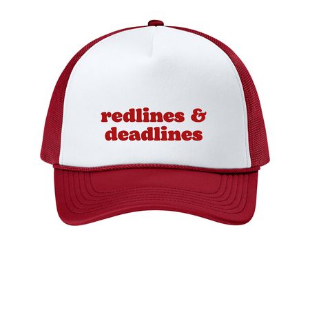 Redlines & Deadlines Hat, a White/ Rich Red Printed Foam Trucker Hat
