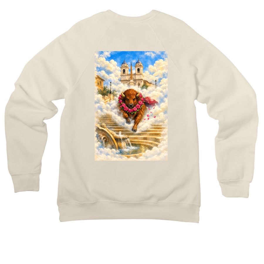 RENAISSANCE BISON AT SPANISH STEPS- on back, a Natural Premium Raglan Crewneck Sweatshirt