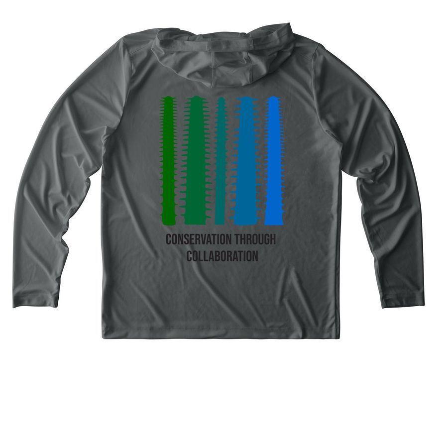 SCS Rainbow Rostrum Long Sleeve Activewear, a Dark Smoke Grey UV Performance Long Sleeve Hoodie (back-view)