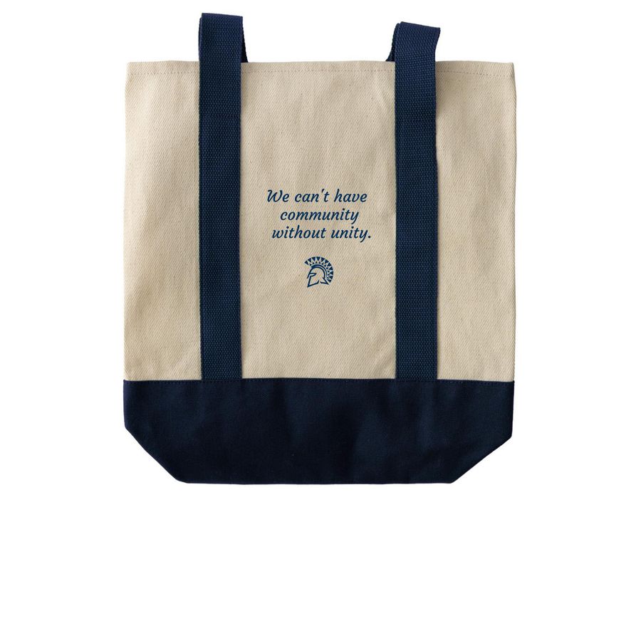 SJSU Community Tote, a Natural/Navy Two-Tone Grocery Tote Bag (back-view)