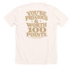Precious & Worth 100 Points., a Heather Natural Premium Unisex Tee (back-view)