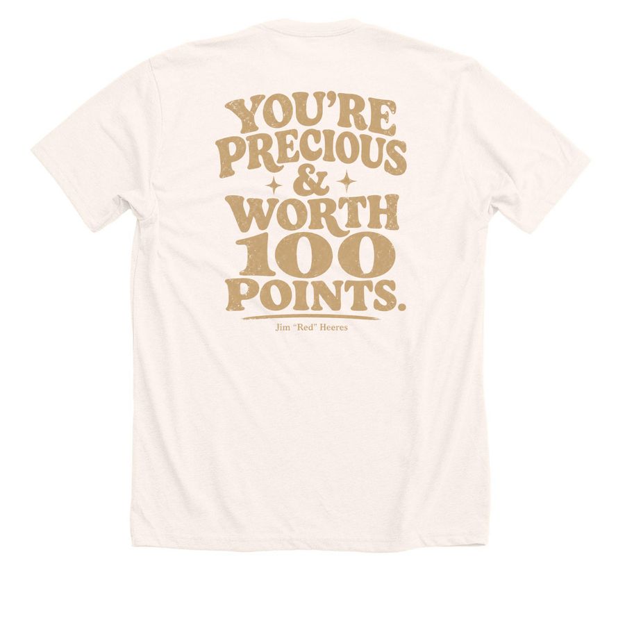 Precious & Worth 100 Points., a Heather Natural Premium Unisex Tee (back-view)