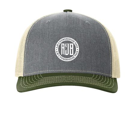 AJB's Powerhouse Pack, a Heather Grey/ Birch/ Army Olive Printed Five-Panel Trucker Cap