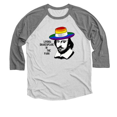 Billy Shakes is PROUD of community theatre!, a Premium Heather and Heather White 3/4 Sleeve Baseball Tee