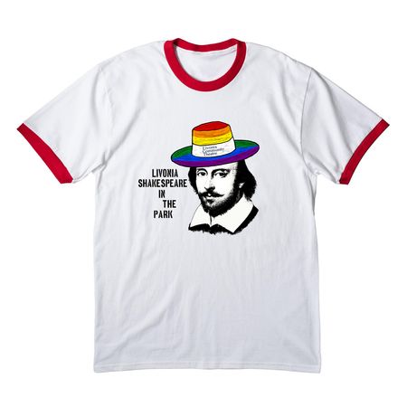 Billy Shakes is PROUD of community theatre!, a White/ Red Cotton Ringer Tee