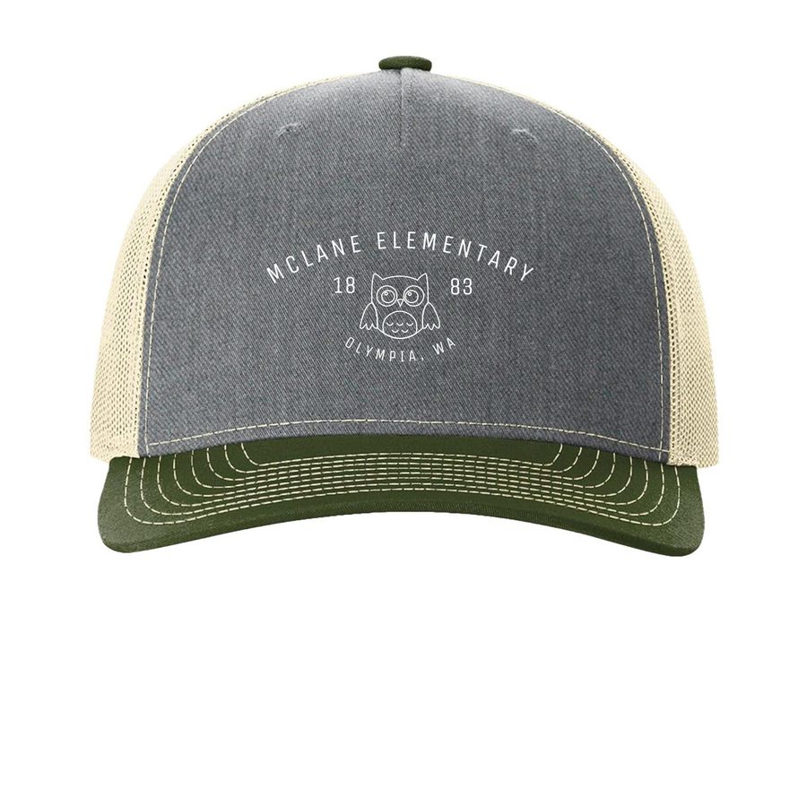 White Outline Owl- Hats, a Heather Grey/ Birch/ Army Olive Printed Five-Panel Trucker Cap