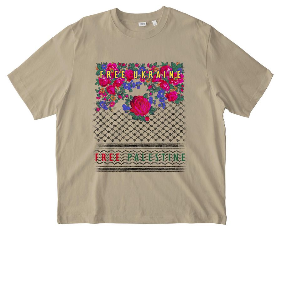 Free Ukraine Free Palestine, a Desert Dust Stanley/Stella Unisex Freestyler Heavyweight Tee