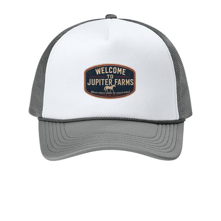 Welcome to Jupiter Farms 2.0, a White/ Deep Smoke Printed Foam Trucker Hat