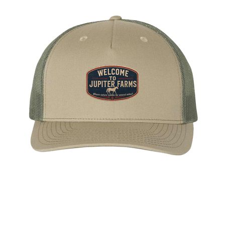 Welcome to Jupiter Farms 2.0, a Pale Khaki/ Loden Green Printed Five-Panel Trucker Cap